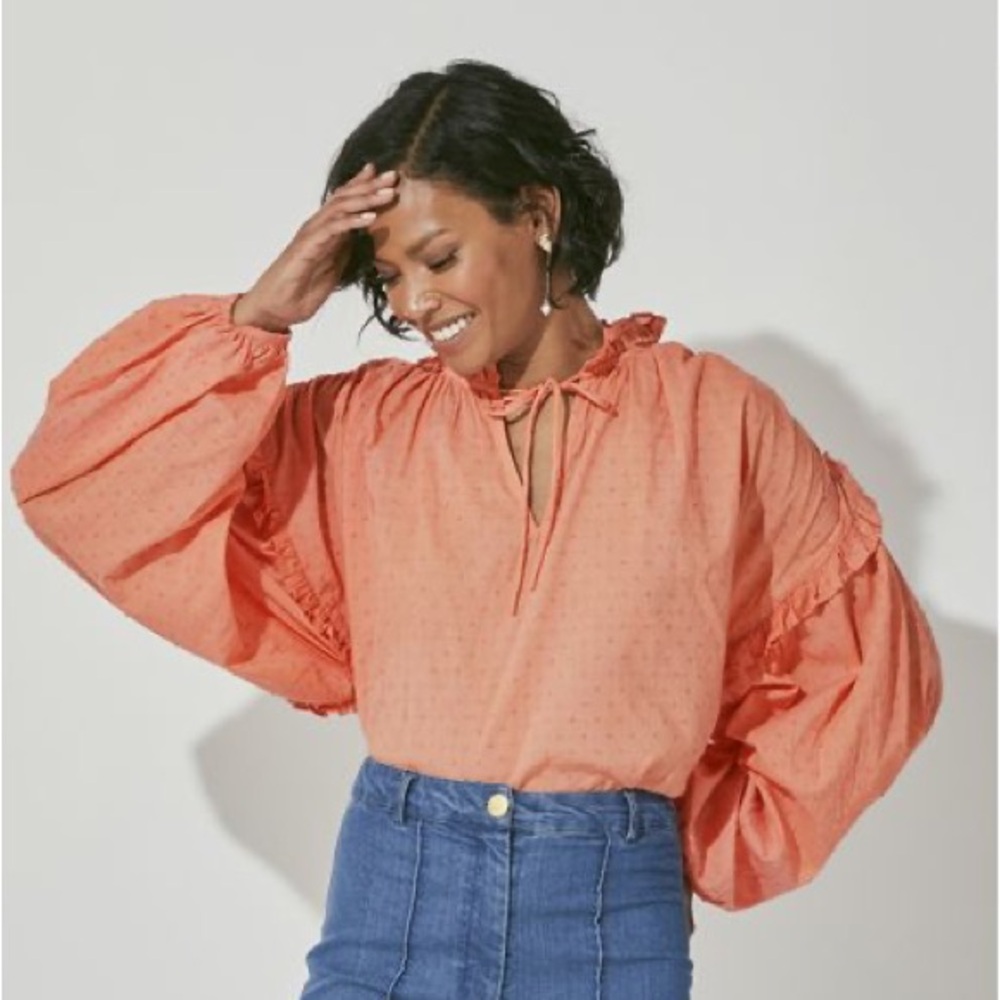 Cleobella Phoenix Cotton Orange Blouse with Balloon Sleeves Swiss Dot Sz‎ M